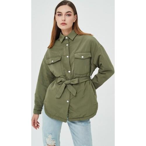 Ladies autumn Turn Down Collar Parkas Women Fashion Tie Belt Coats Women Elegant Solid Front Pockets Cotton Jackets Female coat