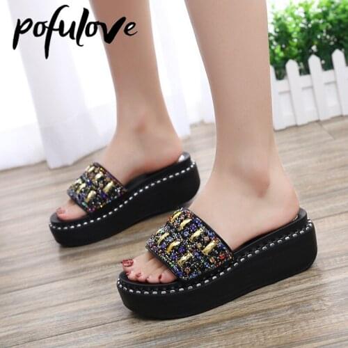 Pofulove 6cm Platform Rhinestone Slippers Women Summer Shoes Korean Fashion Sandals Bling Sliders Thick Heel Slippers Zapatos