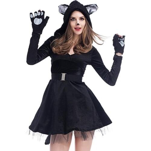 Black Cat Woman Costume Teen Girls Kitty Cat Tutu Dress With Cat Paws Fingerless Gloves Adult Animal Costume Party Fancy Dress
