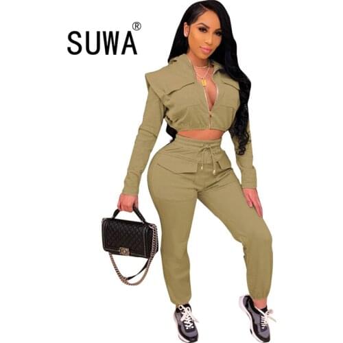 Zip Up Cropped Jacket Hooded And Joggers Sweatpants Baggy Sweat Suit 2 Two Pices Women Outfits Tracksuit Matching Sets