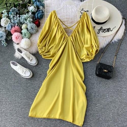 YornMona Sexy Deep V-Neck Women Summer Summer Elegant Lantern Sleeve Backless Midi Party Ladies Dress Casual Loose Female Dress