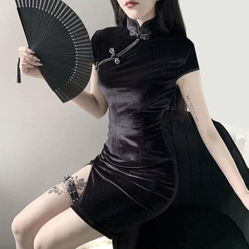 Dark Goth Women Dress Cheongsam Chinese Style Skinny Mini Dress Streetwear Sexy Vintage Harajuku Summer Women Clothing Slim 2021