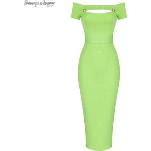 Summer Women Short Sleeved Midi Dress Sexy One Word Collar Hollow Bodycon Green Ladies Club Party Bandage Dress Vestidos 2021