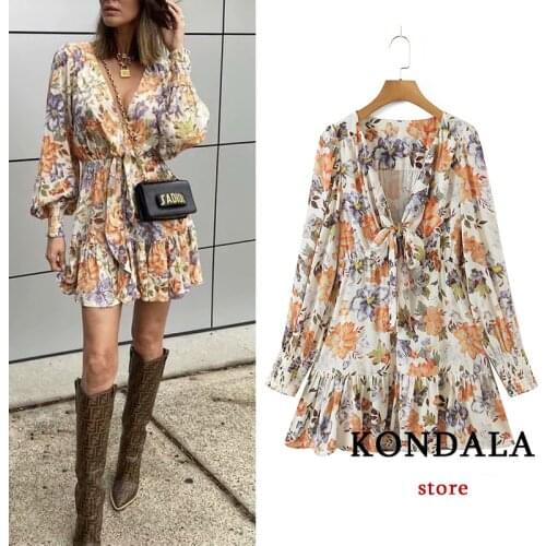 KONDALA Za 2021 Beach Style Floral Print Chiffon Sexy Mini Dress Women Fashion Autumn Vintage Ruffles V Neck Party Dress Vestido