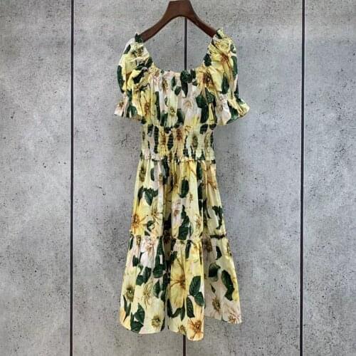 100% Runway Cotton Fashion 2021 Summer Designer New Arrival Puff Sleeve Waist Elastic Ruffles Flower Print Dress