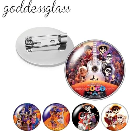 Disney Death Day Coco Miguel Love music Round Glass cabochon Silver color Brooch Dome Photo Jewelry Brooches Pin For Gift