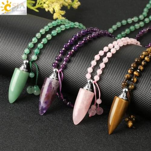CSJA Natural Stone Necklace for Women Bullet Pendant Long Crystal Necklaces Bead Healing Tiger Eye Green Purple Pink Quartz G670
