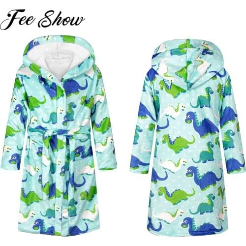 Children Bathrobe Autumn Winter Warm Velvet Nightgown Hooded Cute Cartoon Dinosaur Print Boys Girls Pajamas Robe Kids Sleepwear