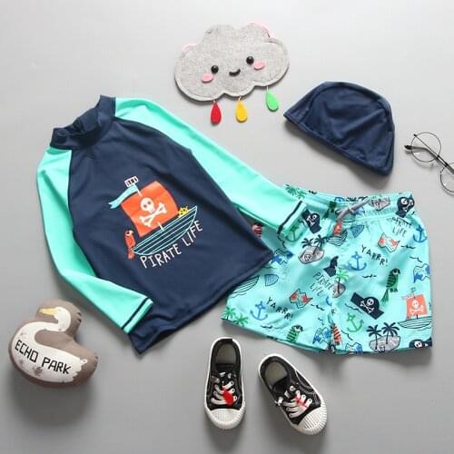 Childrens Swimwear 2-9 Years Swimsuit With Cap Long Sleeve UPF50+ Kids Cartoon Toddler Baby Boy Sunbathing One-piece Swimsuits
