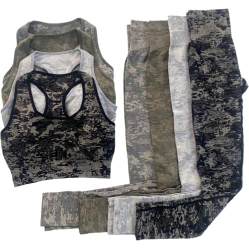 2 peice Set Seamless Camo Gym Set Women Fitness Athletic Yoga Set Sports Suits High Waist Leggings+Push Up Bra Padded Sportswear
