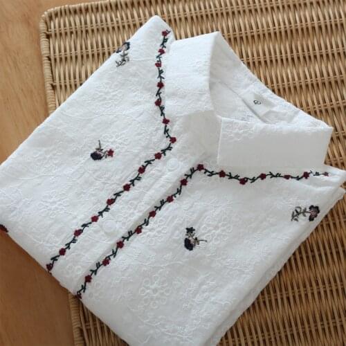 Lamtrip Unique Fine Floral Embroidery Peter Pan Collar Delicated Cotton Shirt Blouse 2021 Autumn