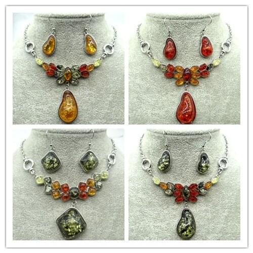 Fashion Natural Precious Modernist TEARDROP GOLDEN HONEY PRESSED AMBERS NECKLACE Jewelry making earring necklace wholesale1set