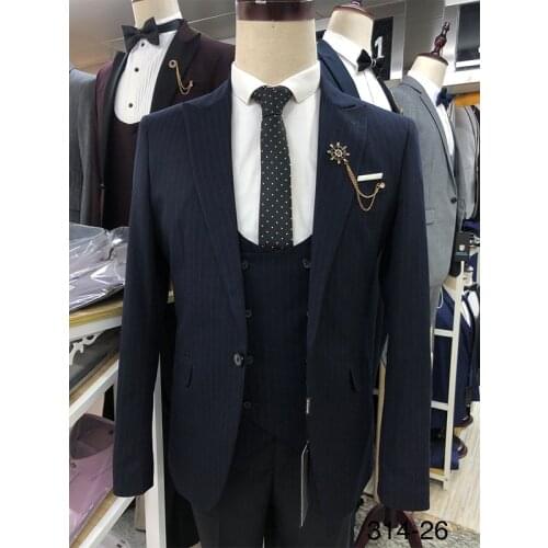 Mens 3 Piece Former suit Business Black striped Tuxedo Wedding Groom wear Slim fit fashion British Peaky Blinders Gatsby Style