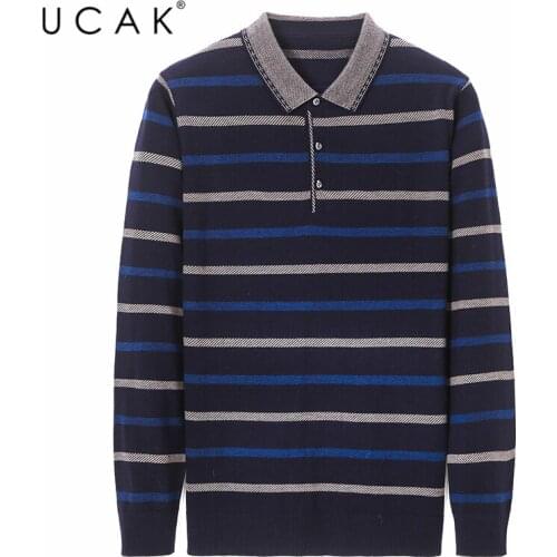 UCAK Brand Men Sweaters 2020 Fashion Casual Striped Sweaters Man Clothes Streetwear Turn-down Collar Pullover Clothing U1059