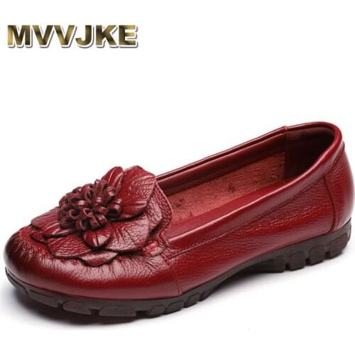 MVVJKE 2021 Spring Autumn Women Loafers Shoes Genuine Leather Low Heel Breathable Soft Bottom Slip-On Ladies Flowers Flat Shoes