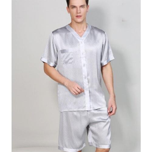 Real 100 silk pajamas suit Men summer spring Short sleeve Pants Sleepwear noble two-piece Silver Solid Striped m L XL XXL