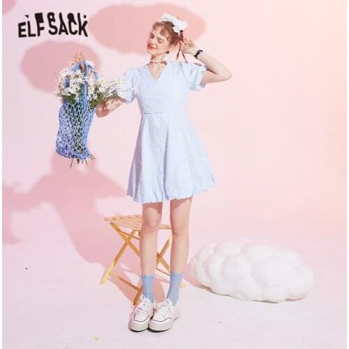 ELFSACK Solid Pure High Waist Casual Vintage Dresses Women,2021 Summer Minimalist Puff Sleeve Princess Ladies Party Dress