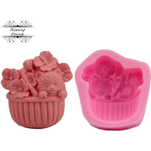 Xixing Cute cat shaped flower basket silicone mold polymer clay Chocolate Mold fudge cake decoration tool baby shower gift
