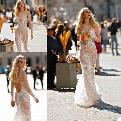 New Wedding Dresses Long Sleeves Lace Appliques Sequins Mermaid Bridal Gowns Custom Made Open Back Sweep Train Wedding Dress