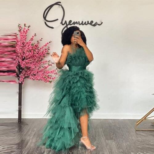 Dark Green High Low Tulle Dress For Women Strapless Black Girls Birthday Dress Tiered Puffy Women Tulle Dress For Photo Shoot