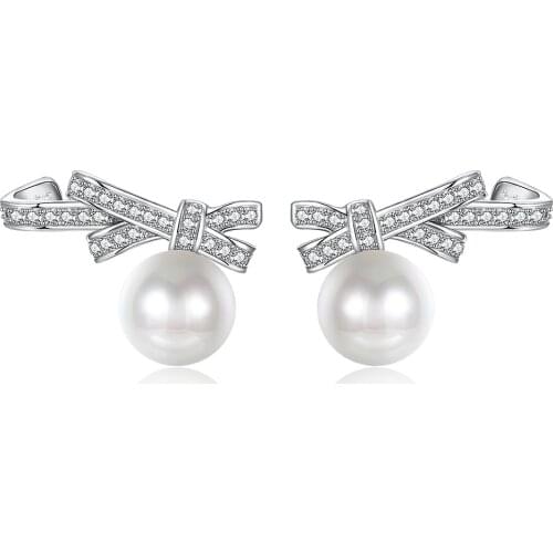 ZEMIOR Pearl Earrings For Women 925 Sterling Silver Bowknot Stud Earrings 5A+ Cubic Zirconia Elegant Female Fine Jewelry Best