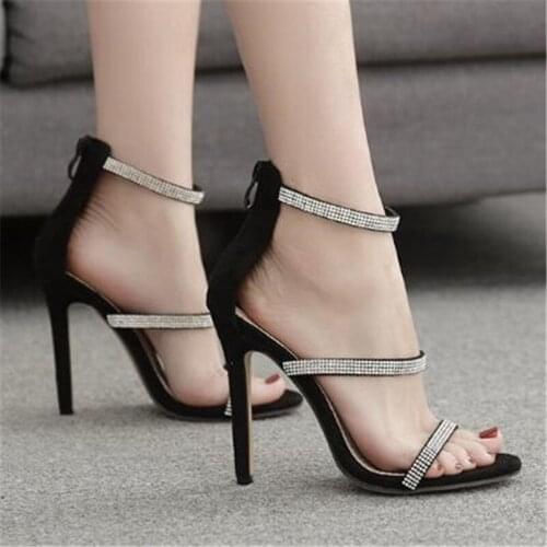 Women sandals Flock Slip On 11.5cm Thin Heels High heels Round Toe Rhinestones Shallow sandal women shoes size 35-42 black