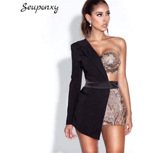 High Quality 2021 Summer WomenS Fashion Bodycon Jumpsuit Sexy One-Shoulder Long-Sleeved Sequined V-Neck Elegant Party Jumpsuit