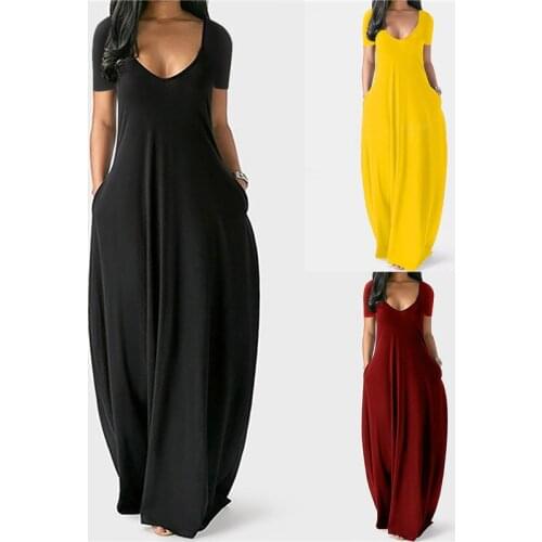 Women Summer Maxi Dress Fashion Short Sleeve Solid Pocket High Waist Robe Dresses Female Sexy V-neck Plus Size 5XL Long Dress