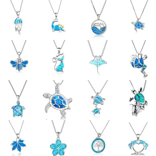 Bohemia Blue Imitation Opal Cute Jellyfish Pendant Necklace For Women Charm Crystal Sun Flower Necklaces Jewelry Gift for Women