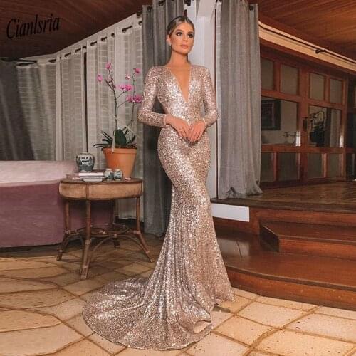 Gold Sexy Deep V-Neck Long Sleeve Sequined Mermaid Evening Dress Open Back Long Formal Evening Party Dresses robe de soiree