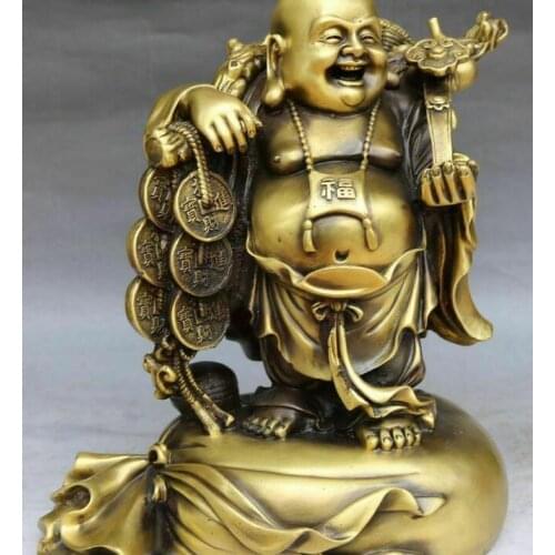 11" Chinese Pure Bronze Happy Laugh Maitreya Buddha Coin Money Bag Ruyi Statue