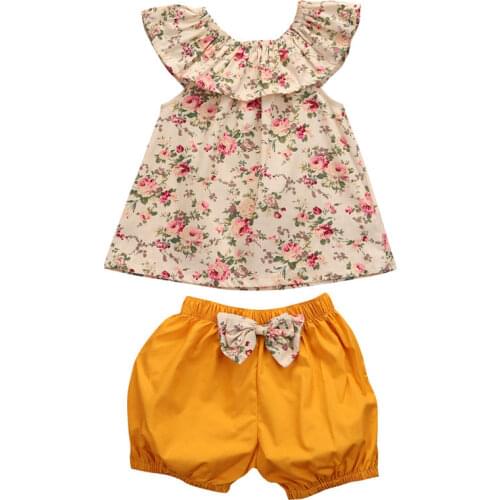 Sweet Infantil Toddler Baby Girls Casual Floral Sleeveless Tops Shorts Pants 2pcs Outfits Clothes Set