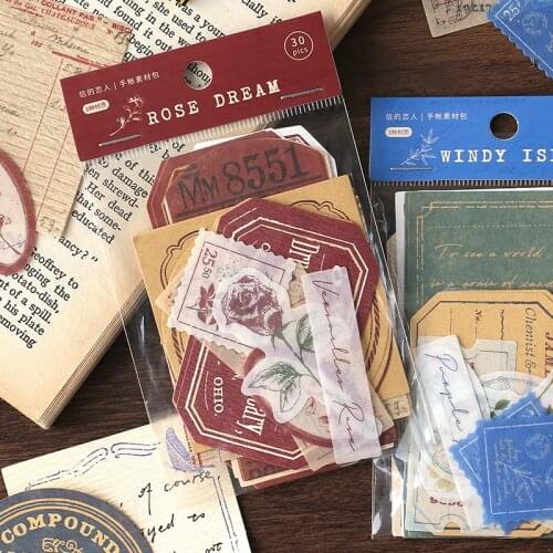 30pcs/pack Rose Dream Retro Label Collage Material Paper Junk Journal Planner Scrapbooking Vintage Decorative DIY Craft Paper