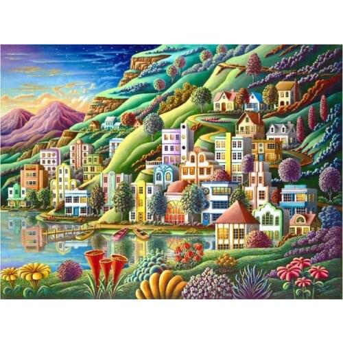 5D DIYDiamond Painting Picture of Rhinestone Mosaic Colorful Buildings Seaside Full Square Diamond Embroidery Home Decor
