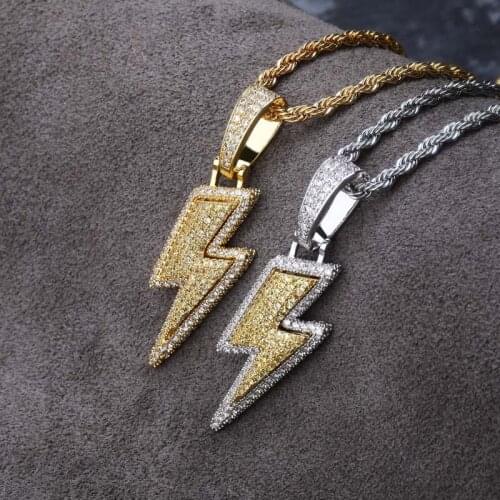 Hip Hop Micro Pave AAA CZ Stone Bling Iced Out Lightning Pendants Necklace for Men Rapper Jewelry Drop Shipping Gold Color