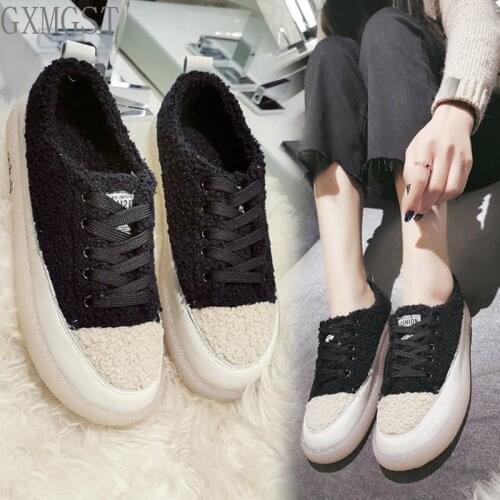 Colors Block Curly Fur Students Shoes Girls Cross Band Soft Soled Sneakers Women Winter Patchwork Lambs Fur Cotton Shoes Woman