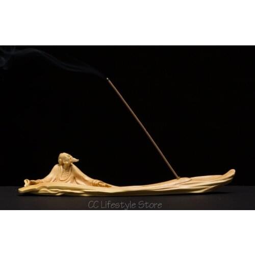 20CM Religious People Boya vast string incense burner Carved Yellow Boxwood Room wood carved statues for decoration