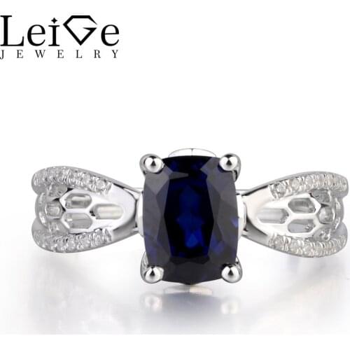 Leige Jewelry Lab Sapphire Blue Color Gemstone Engagement Hollow Rings For Woman September Birthstone 925 Sterling Silver