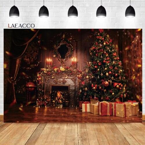 Laeacco Interior Wooden House Decor Scene Christmas Tree Gift Candle Background Child Portrait Customized Photography Backdrops