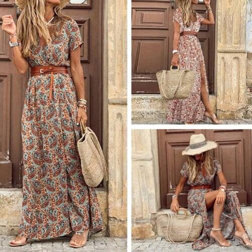 Summer Beach Boho Maxi Woman Dress Casual Sexy V-neck Party Long Dress Ladies Bohemian Beach Holiday Sundress Vestido Robe Femme