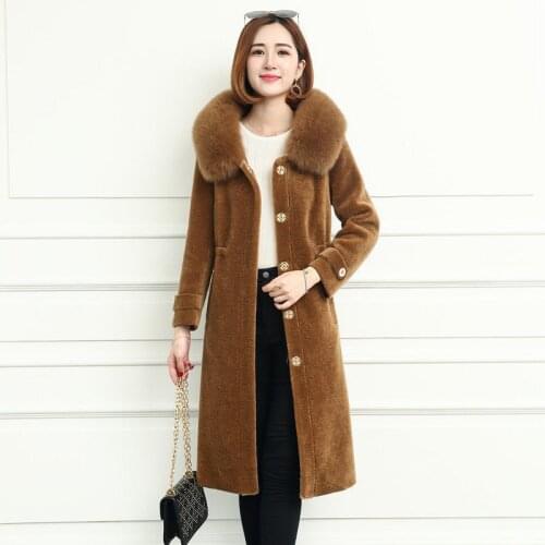 Grain wool sheep shearling coat medium long lamb fox fur collar hooded fur coat female winter fur coat women faux fur