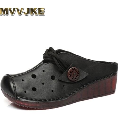 MVVJKE Retro Ethnic Style Genuine Leather Women Shoes Wedge Sandals Handmade Slides Hollow Women Summer Slipper