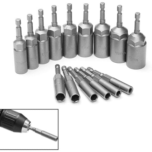 15PCS 5.5-19MM Deepen Power Nut Driver Drill Bit Set Impact Socket Adapter For Power Tools 6.35MM Hex Shank Length 80mm