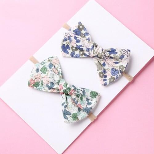 Handtied School Girl Bow Nylon Headband or Hair Clips, Floral Print Fabric Bow Headbands Baby Shower Gift