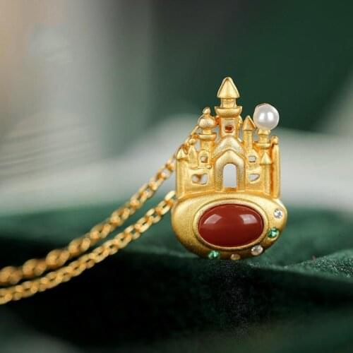 Natural South Red chalcedony Castle synthetic Pearl Pendant Necklace Chinese style antique palace style noble womens jewelry