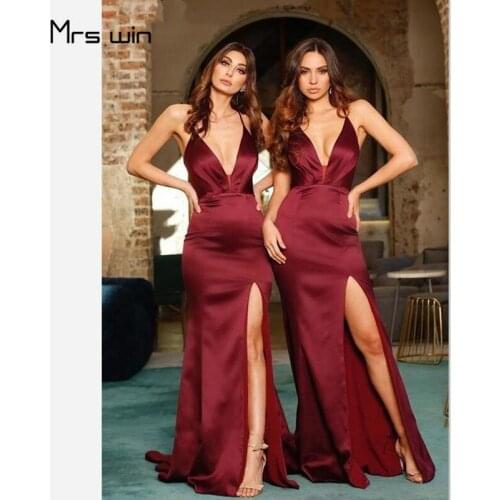 Mrs win Bridesmaid Dress Burgundy Sling Mermaid Long Wedding Party Dresses HR202 For Girls Side Split Vestido Madrinha Under 50