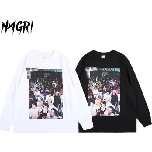 NAGRI Long Sleeve T shirt Men Casual Hip Hop Streetwear Tee Graphic Print Cotton Fashion White T-shirt Long Sleeve