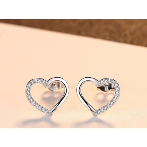 Simple Silver Plated Hollow Out Love Heart Stud Earrings for Women CZ Crystal Anti Allergy Earring Elegant Women Wedding Jewelry