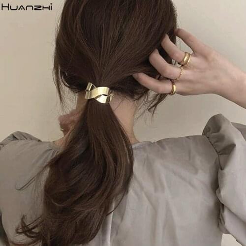 HUANZHI 2020 New Trendy Retro Metal Geometric Stars Love Hollow Rectangle Hair Rope Ponytail Hair Accessories for Women Girls