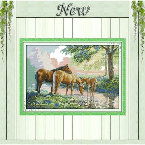 Horse family In the forest,Pattern Printed on canvas DMC 11CT 14CT Cross Stitch kits,Needlework Set Embroidery,Animal Home Decor